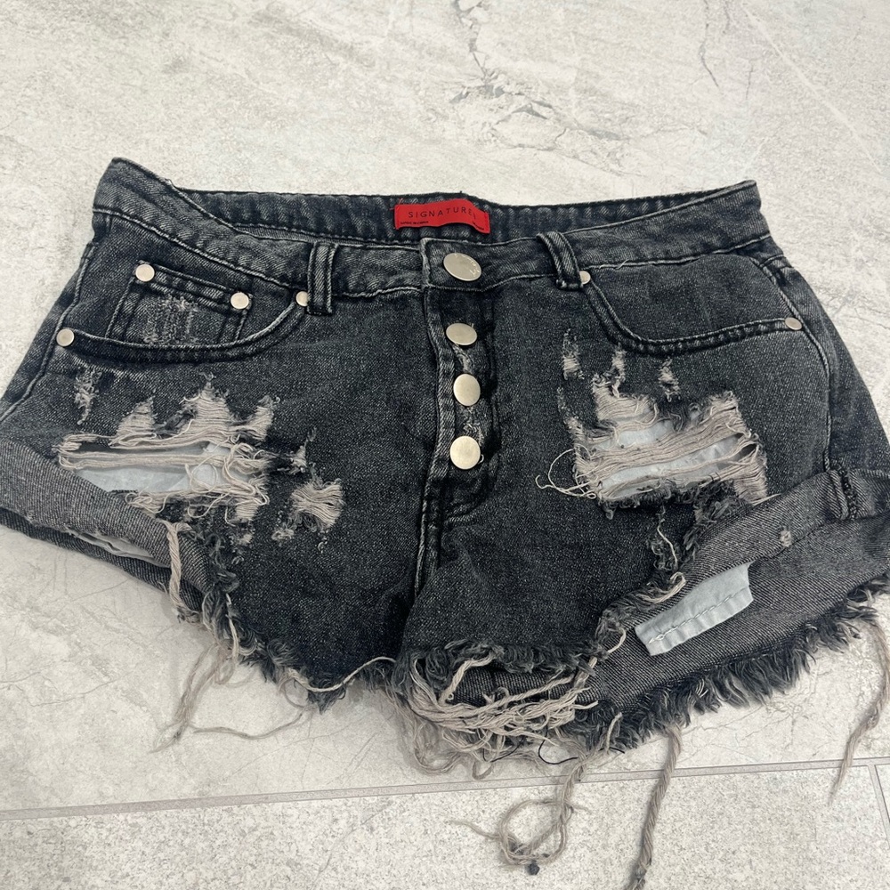 Distressed Black Denim Mini Shorts